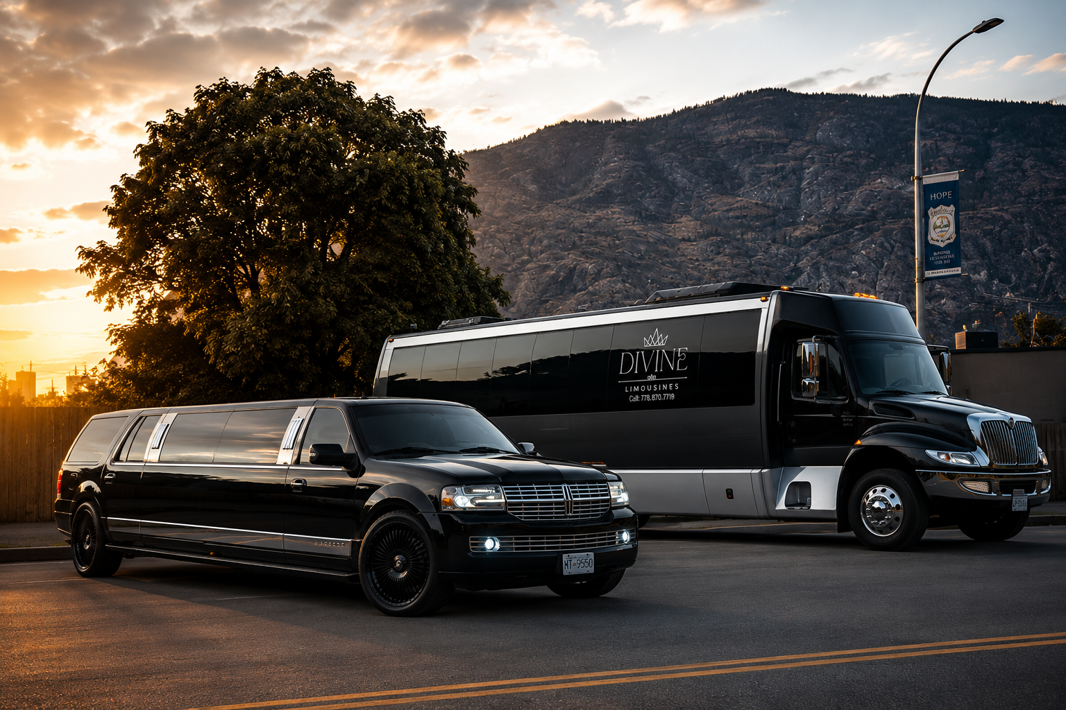 A luxury black stretch limousine at dusk