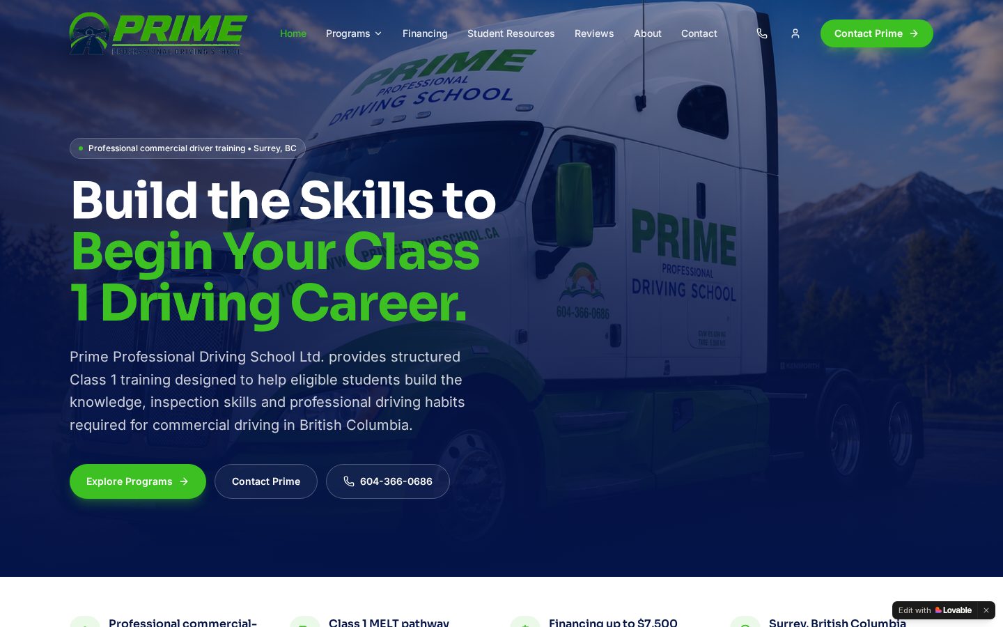 Prime Driving School website on desktop and mobile