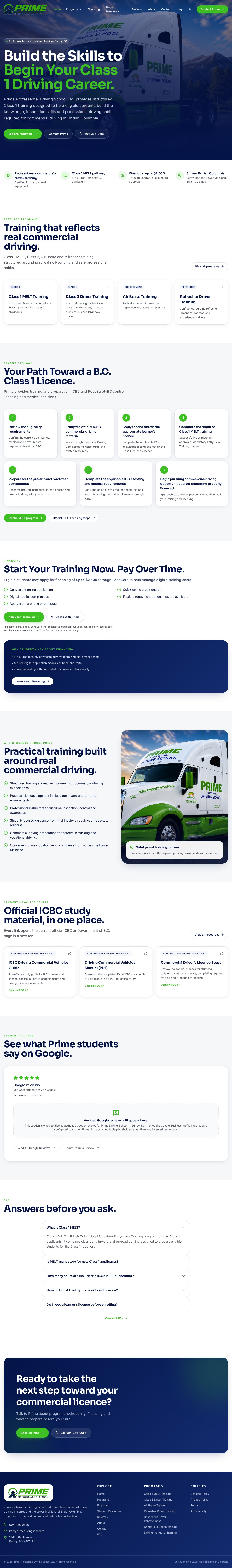 Prime Driving School website — full page